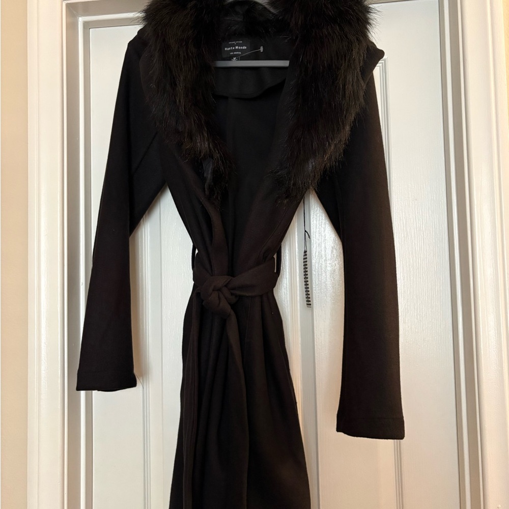 Haute Monde Dark Coat with Faux Fur Trim